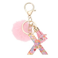 Alphabet Initial Letter x Keychain, Cute Tassel Fur Ball Pom Key Chain, Pink