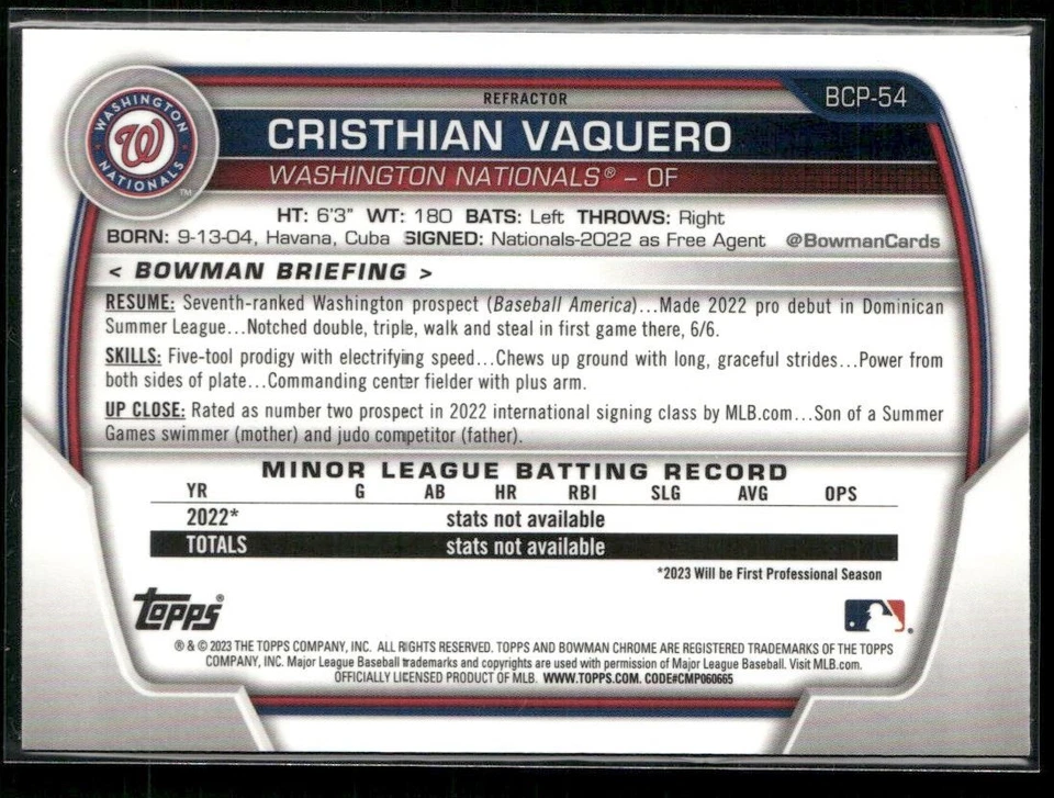 2023 BOWMAN CHROME PROSPECTS CRISTHIAN VAQUERO WASHINGTON NATIONALS #BCP-54 - Image 2 of 2