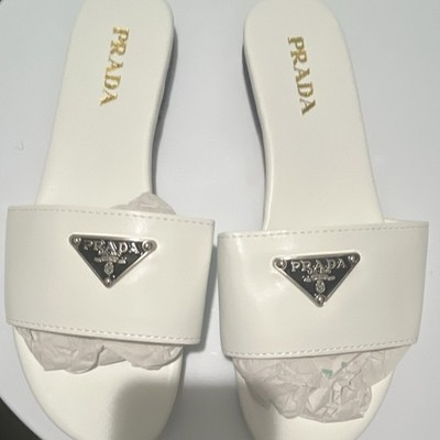 PRADA White Rubber Women's Slide Sandals Slip On Straps Triangle Logo 9