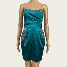 B. Darlin Size 1 2 Juniors Teal Green Satin Rhinestone Strapless Party Dress