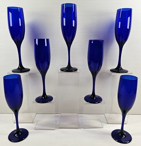 7 Libbey Teardrop Cobalt Fluted Champagne Set Elegant Blue Stemware Glasses Lot - Picture 2 of 24