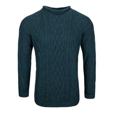 Unisex Authentic British Wool Tunic Crew Neck Teal Arran Jumper - MADE IN UK 