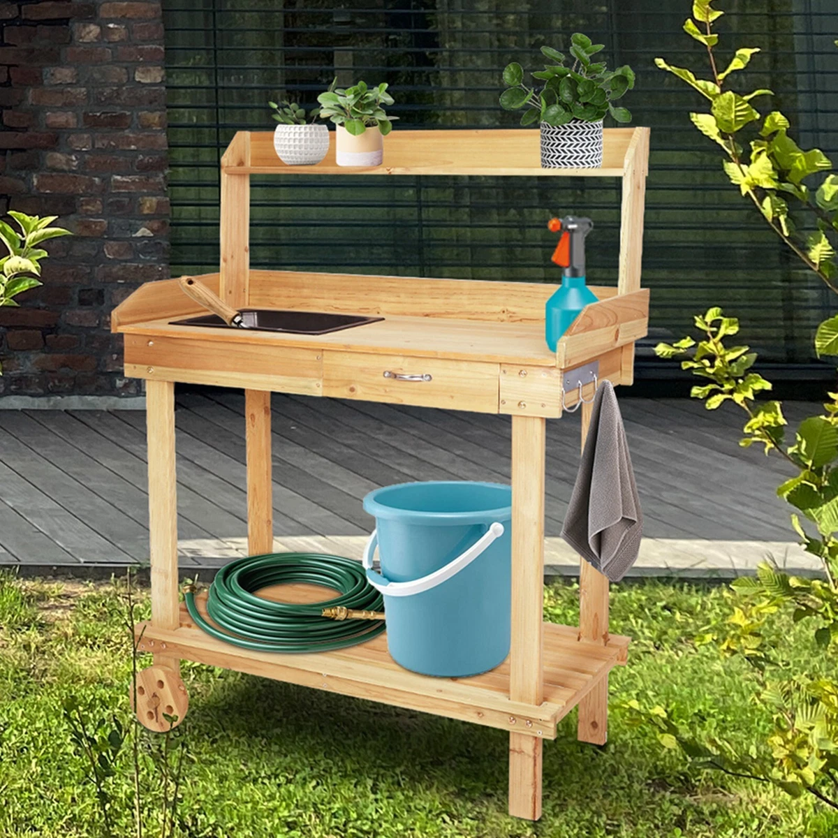 Potting bench on sale with cabinet