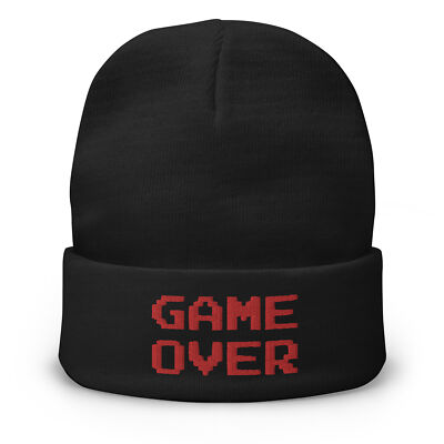 Game Over 8 Bit Embroidered Cuff Beanie Red Thread 80's Classic Gaming