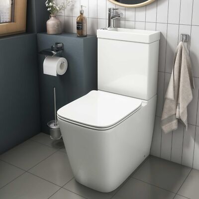 2-in-1 spülrandlos geschlossen gekoppelt Toilette & Waschbecken oben Wasserhahn & Ablauf DUAL Spülung modern