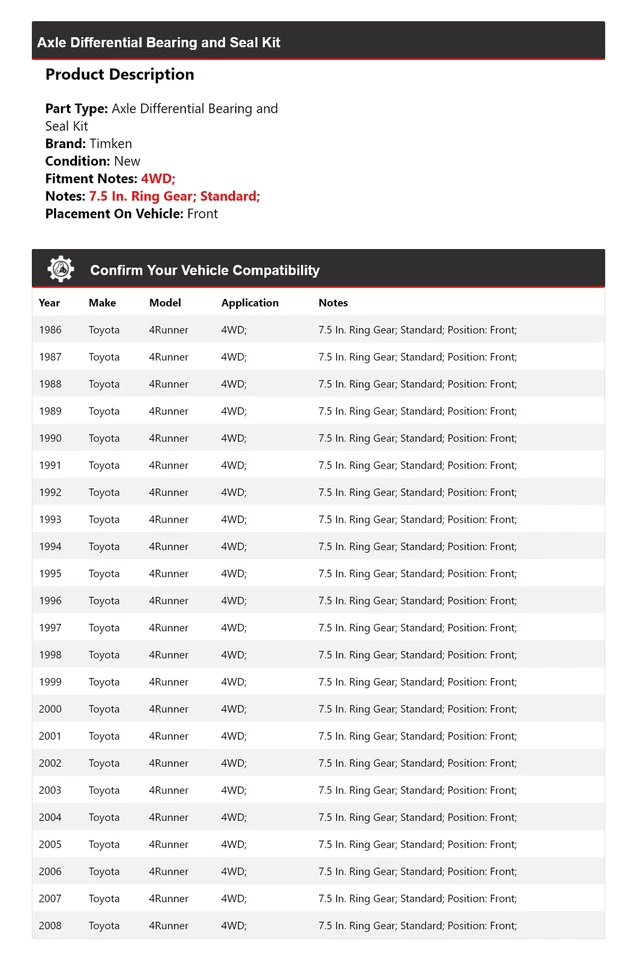 For 1986-2008 Toyota 4Runner Axle Differential Bearing and Seal Kit Front Timken - Image 2 of 3