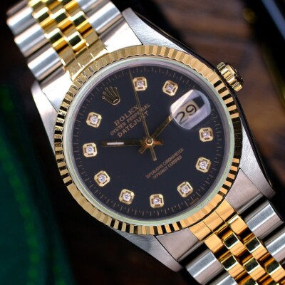 ハッピー Rolex Datejust 16233 Two-Tone 18KY Gold & Steel Black Diamond Dial