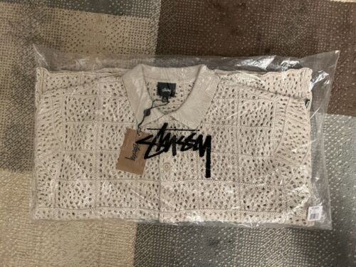 NUOVA Camicia Stussy Uncinetto Maglia Cotone Naturale Manica Corta XL - Foto 1 di 7