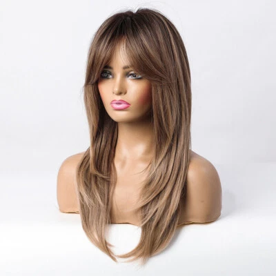 ELEMENT Long Straight Brown Blonde Layered Hair Wigs with Bangs For Women Cosplay Daily