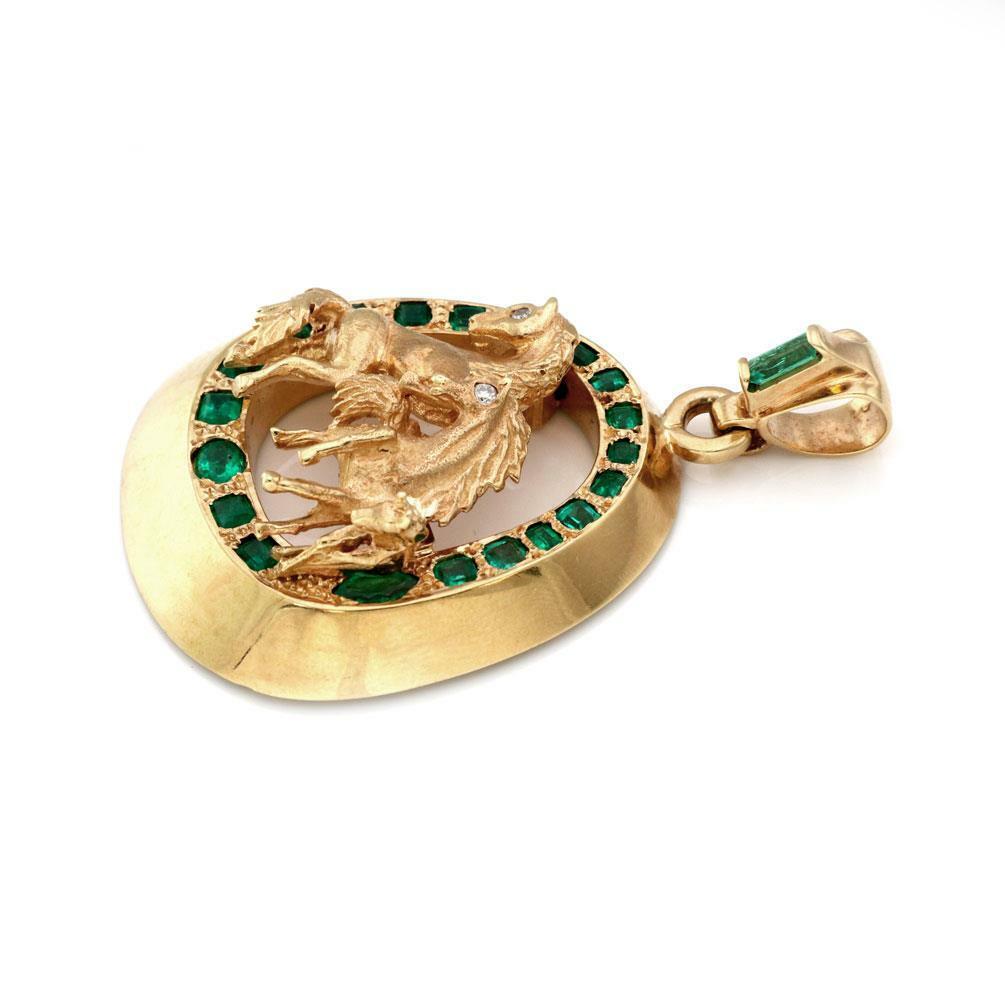 Emerald & Diamond Horse Pendant 3D Fancy 18k Yell… - image 2