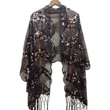 Women Sequin Embroidery Shawl Scarf Tassel Mesh Wrap Cape Evening Dress Lace
