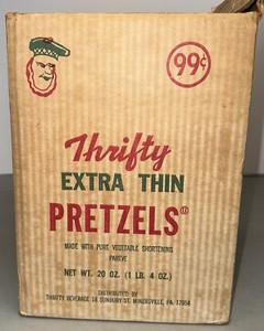 VINTAGE HTF CARDBOARD THRIFTY EXTRA THIN PRETZELS BOX MINERSVILLE PA BEVERAGE