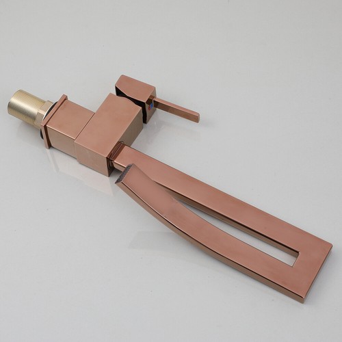 Grifo de baño con caño de cascada de oro rosa mezclador de lavabo grifo de una sola manija - Imagen 6 de 11