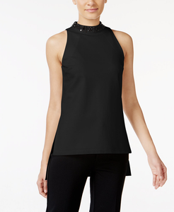 MICHAEL-Michael-Kors-Womens-Embellished-Mock-Neck-Sleeveless-Top-Black-Large
