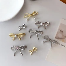 Rhinestone Heart Bowknot Hairpin Metal Pearl Bow Hair Clip Golden Duckbill Clip