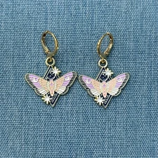 Gold Huggie Hoop Earrings with Pink & Purple Butterfly Charm