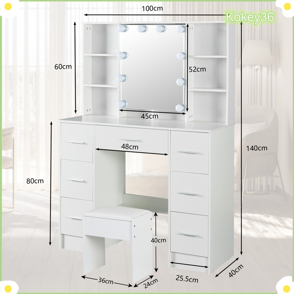 Bedroom Dressing Desk Set 10 LED Lighted Mirror w/ Stool Vanity Makeup