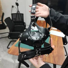 Faux Leather Head Hood with Open Mouth Gag Muzzle Plug BDSM Bondage Detachable