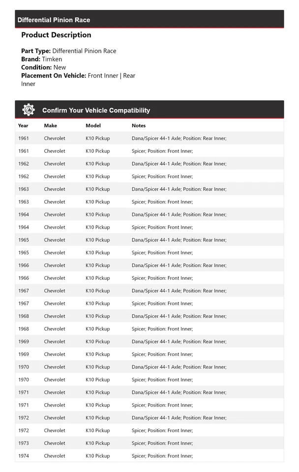 Piñón diferencial Race Timken 1962 1963 para camioneta Chevrolet K10 1961-1974 Foto 2 de 4