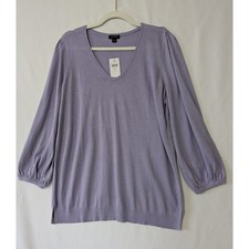J Jill Wearever Collection Lavender Puff Sleeve Silk Blend V Neck Sweater L Tall