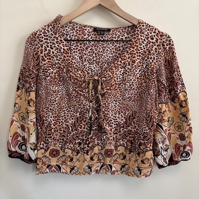 Unique Spectrum Leopard Print Lace Up V-Neck Floral Border Blouse Small