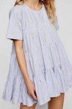 Free People Misha Blue Striped Tiered Cotton Mini Dress SZ XS Oversized Coastal