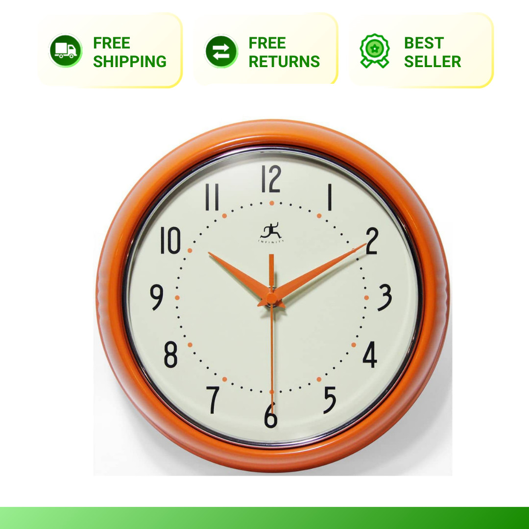 Infinity Instruments 9.5 in Orange Retro Round Metal Wall Clock Silent Quartz