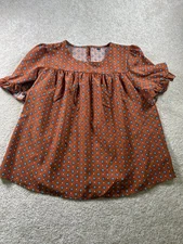 Women's Top Medium Rust Blue Geometric Print Ruffle Sleeves