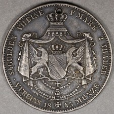 1845 Baden German States Silver 2 Thaler -Holed-