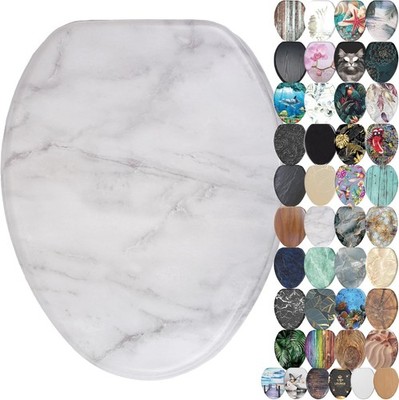 SANILO Elongated Wooden Toilet Seat Soft Close Marble Adjustable #R022