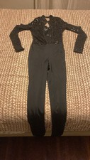 Adult Medium AM balera Dance Unitard Black Sequin Catsuit Long Sleeve Leg
