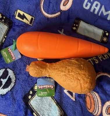 LOT OF 2 Squishy Squeeezy Carrot & Fried Chicken Leg Sunny Days Brand New Viral