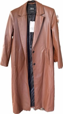 ZARA NEW WOMAN LONG FAUX LEATHER TRENCH COAT CAMEL BROWN 1255/702 size Small