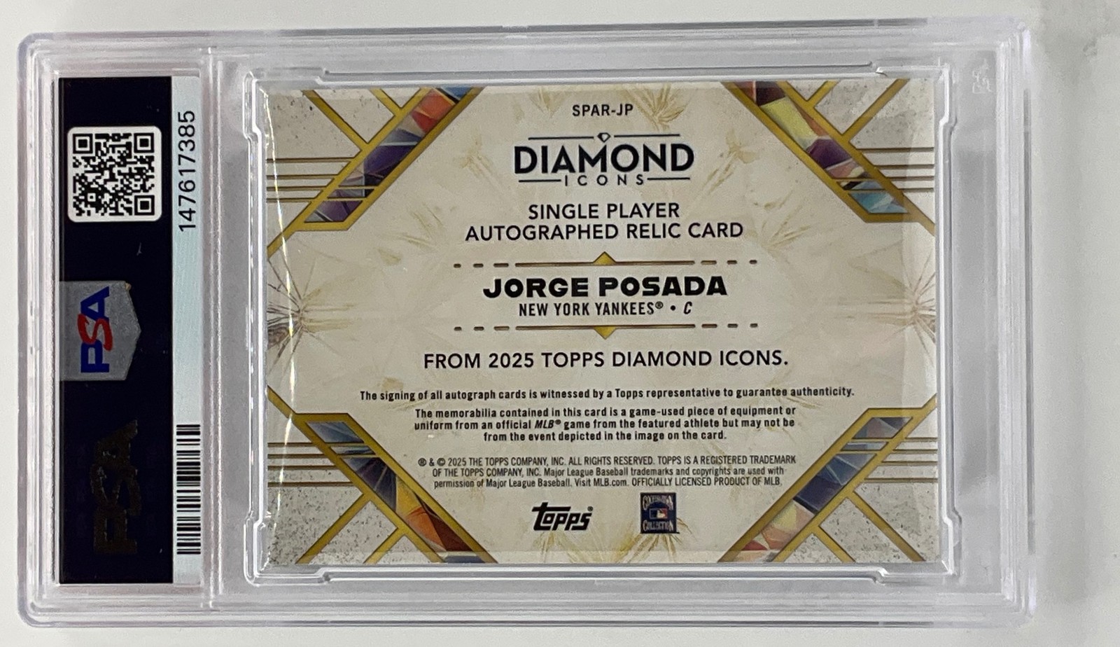 2025 Topps Diamond Icons Jorge Posada Auto Relic /25 Yankees PSA 10 view 2