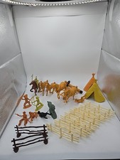 Vintage Lot Plastic Cowboys Indians Horses Wagon Parts Fences Toys Figures