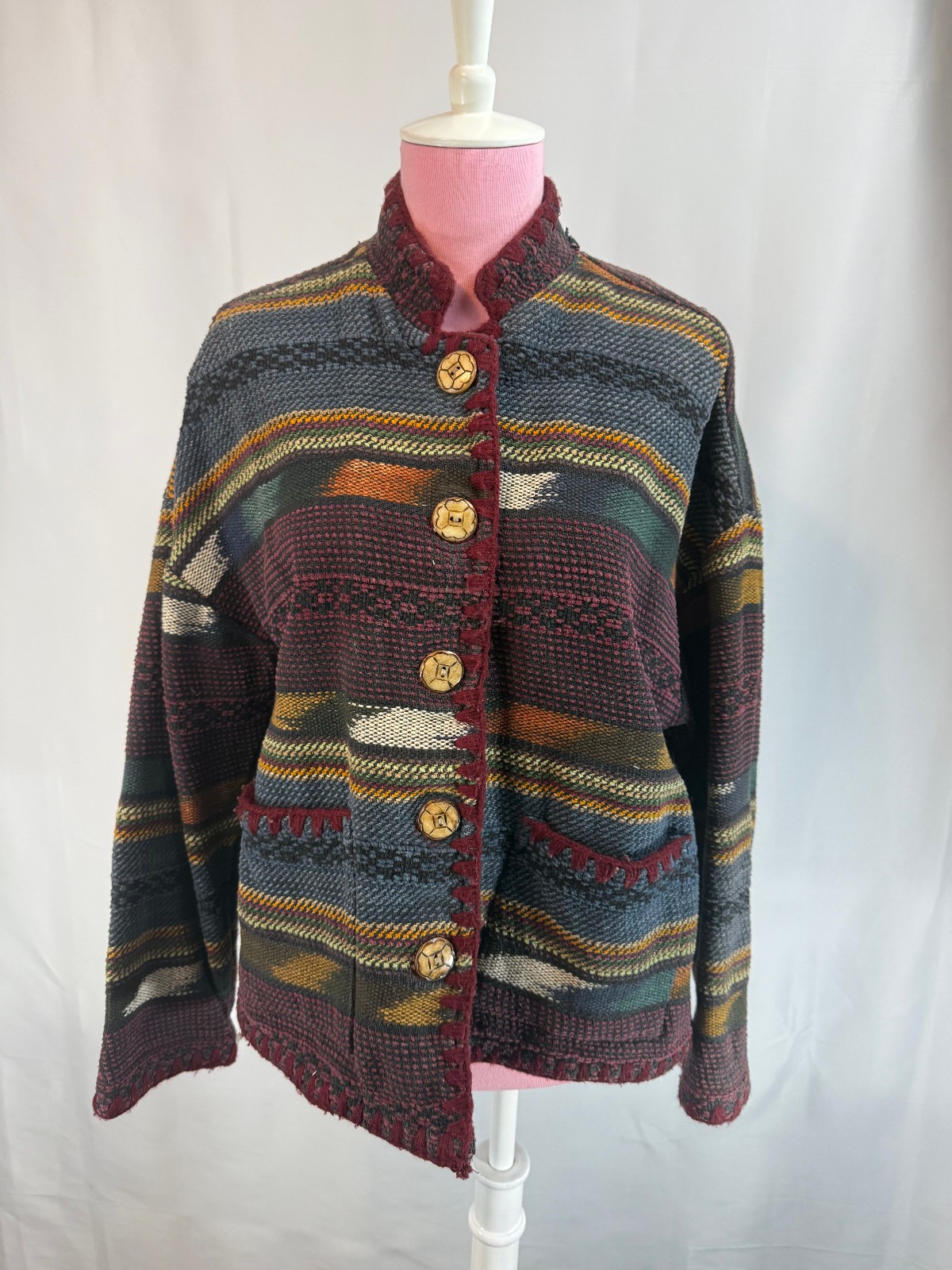 Multicolor Knit Jacket Button Front Geometric Pat… - image 1