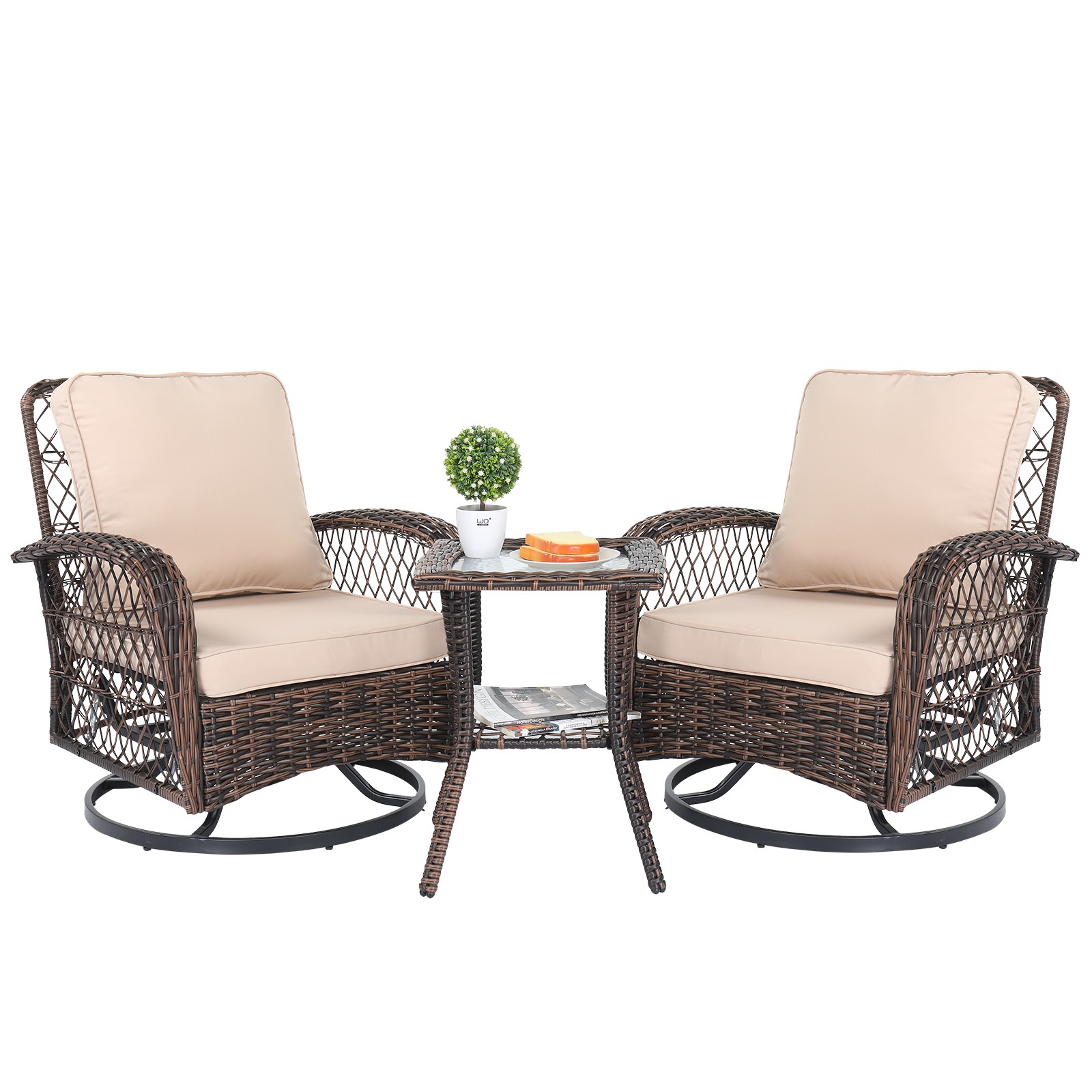 3PC Wicker Swivel Glider Rocker Patio Conversation Set