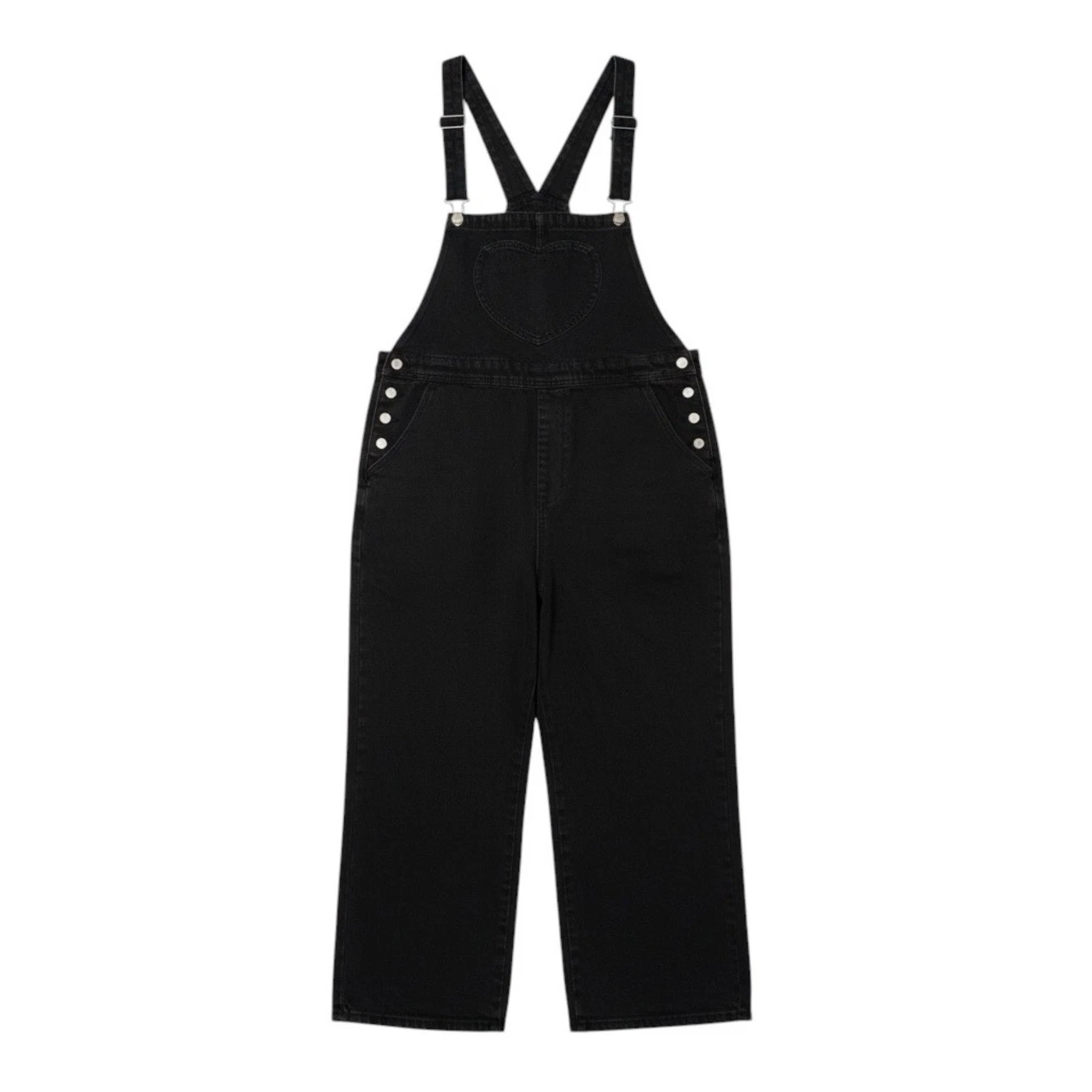 Shiny by Nature Black Denim Wide Leg Overalls Heart Patch Cotton Size XL