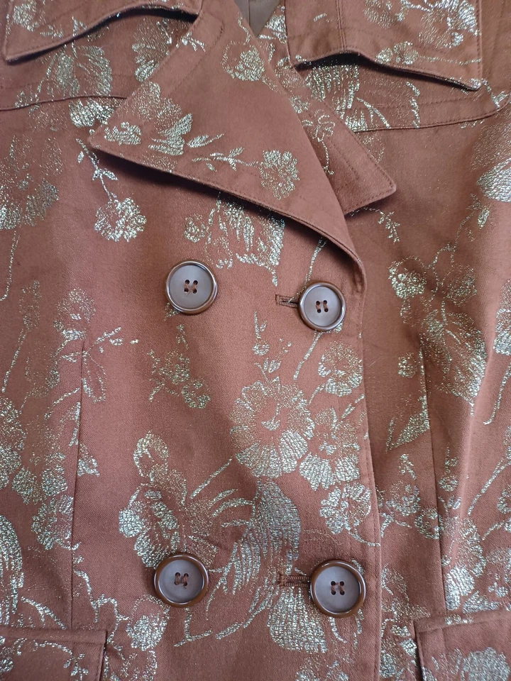 Apostrophe Blazer Womens 8 Brown/Gold Double Breasted Sparkle Flowers - Image 3 of 4