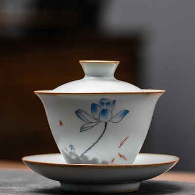Jingdezhen Porcelain Gaiwan Handmade Floral Print Tureen Ruyao Craft Sancai Bowl