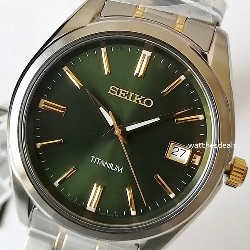 SEIKO MEN'S QUARTZ, SUR377P1, TITANIUM, DARK GREEN DIAL, GOLD TONE HANDS |  eBay