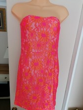 Womens Dress Size 10 Prettylittlething Lacey Pink Orange Summer Dress Length 27"