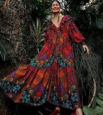 NWOT_Farm Rio V-Neck Puff Sleeve Tiered Yawanawa Ruffle Maxi Boho Dress XS $275