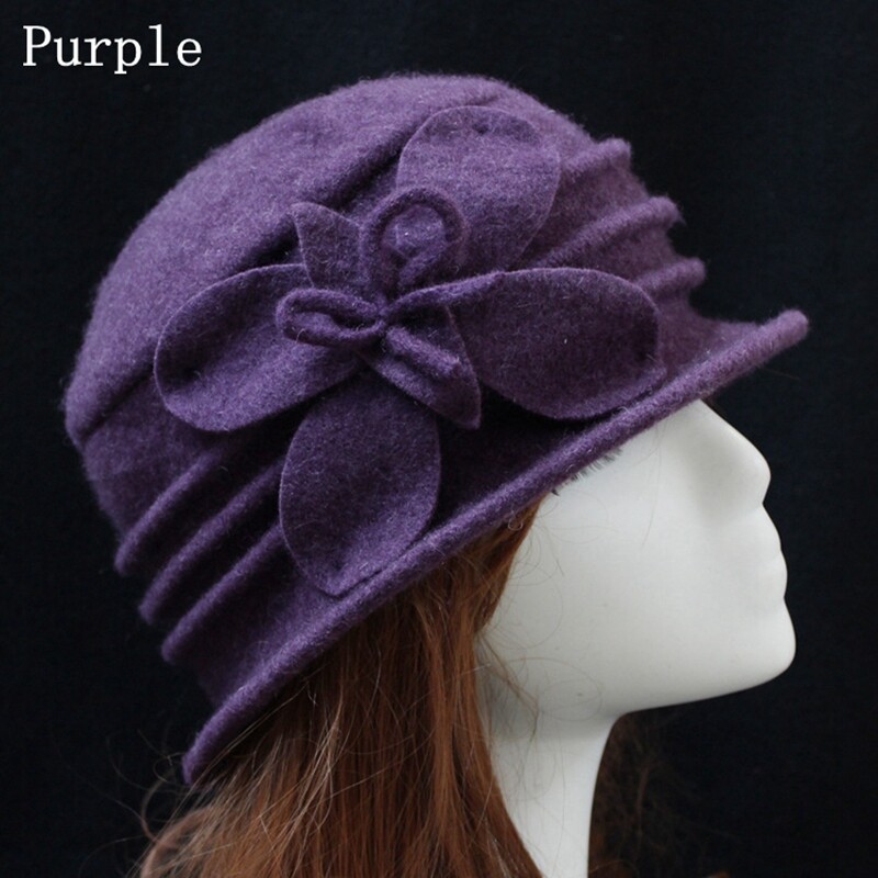 Ladies Winter Wool Vintage Hat With Flower - Solid Felt Bucket Cap For Casual & Party