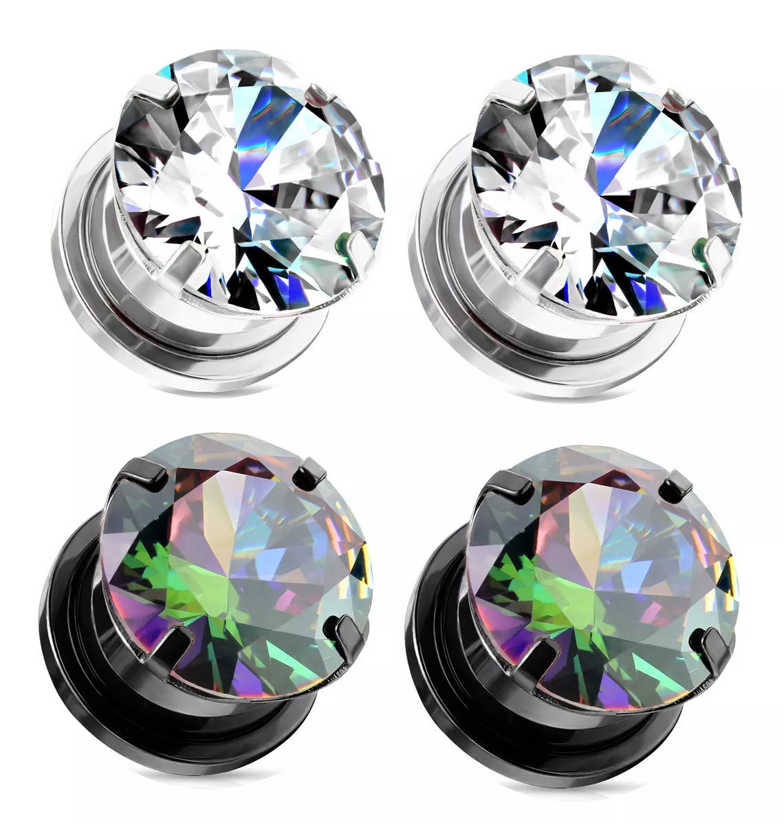 2 Pairs Screw Fit CZ Cubic Zirconia Gem Plugs Black Plated Steel