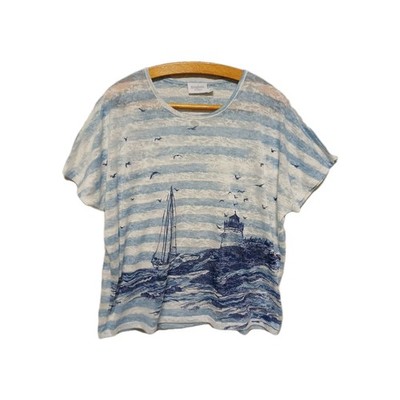 ESTEFANIA Damen Shirt XL Weiß Blau Motiv Transparent Viskose Shirt Oversize A14