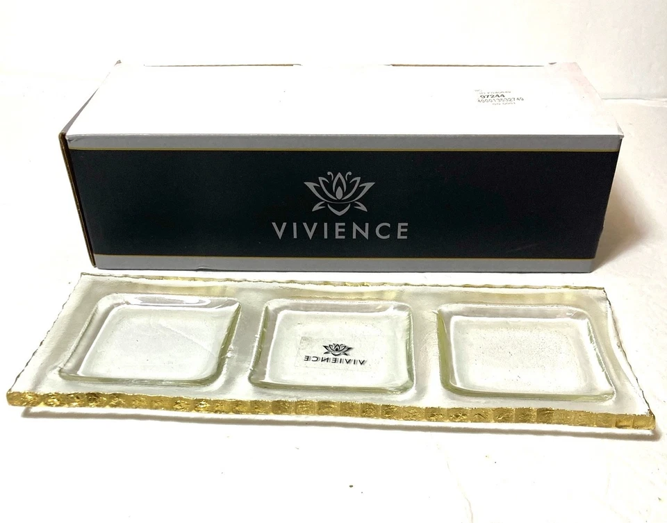 VIVIENCE KLEINER GOLDRAND GLITZERNDES GLAS 3 ABSCHNITTE SNACK TABLETT SCHÜSSEL 9"x3,5" NEU