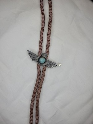 Western/Thunderbird Pewter and Turquoise colored stone  Bolo Tie  15 in long