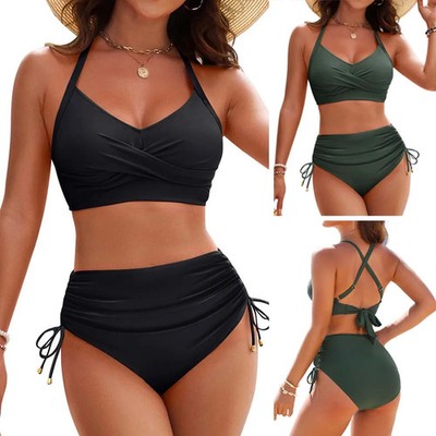Womens Sexy Halter Push Up Bikini Swimwear Drawstring High Waisted Bathing  Suits | eBay