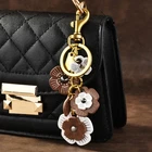 Womens Vintage Brown Leather Small Flower Wallet Keyring Bag Charm Keyring Clasp